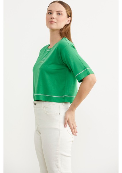 Sim Detaylı Oversize Crop T-Shirt - Yeşil fırsatları