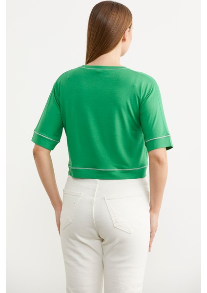 Sim Detaylı Oversize Crop T-Shirt - Yeşil indirimleri