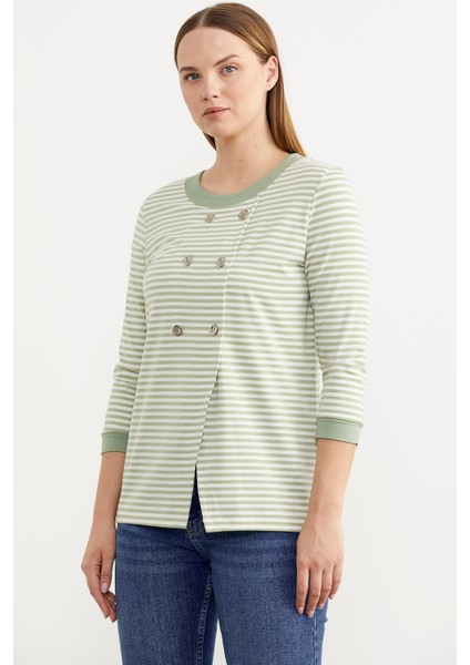 Çizgili Uzun Kol Düğme Detaylı T-Shirt - Yeşil