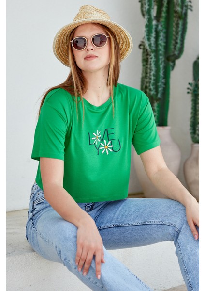 Oversize Baskılı Crop Tişört - Yeşil