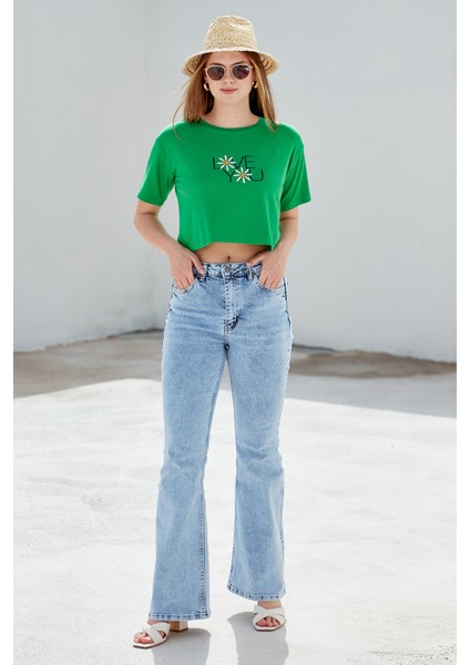 Oversize Baskılı Crop Tişört - Yeşil fırsatları