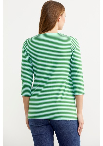Çizgili Uzun Kol Patlı T-Shirt - Yeşil modelleri