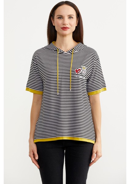 Kapüşonlu Renk Kombinli Çizgili T-Shirt - Siyah