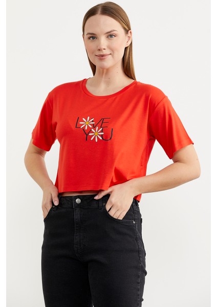 Oversize Baskılı Crop T-Shirt - Mercan