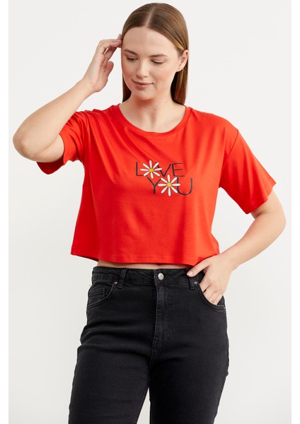 Oversize Baskılı Crop T-Shirt - Mercan fiyatları