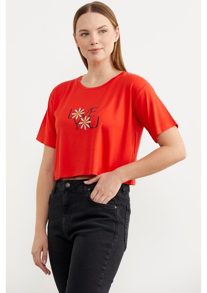 Oversize Baskılı Crop T-Shirt - Mercan fırsatları