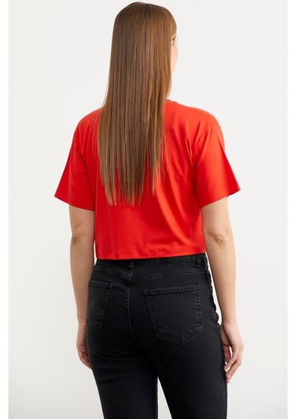 Oversize Baskılı Crop T-Shirt - Mercan indirimleri