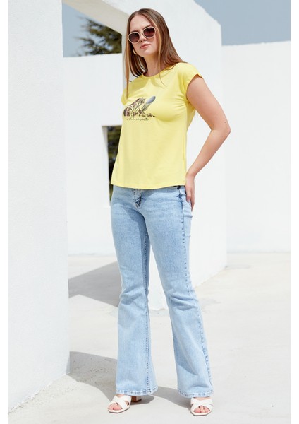 Düşük Kol Baskılı Viskon T-Shirt - Sarı fiyatları