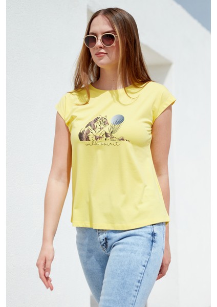 Düşük Kol Baskılı Viskon T-Shirt - Sarı modelleri