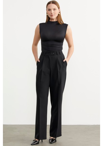 Yüksek Bel Pileli Palazzo Pantolon - Siyah