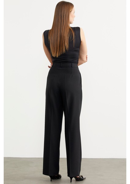 Yüksek Bel Pileli Palazzo Pantolon - Siyah indirimleri