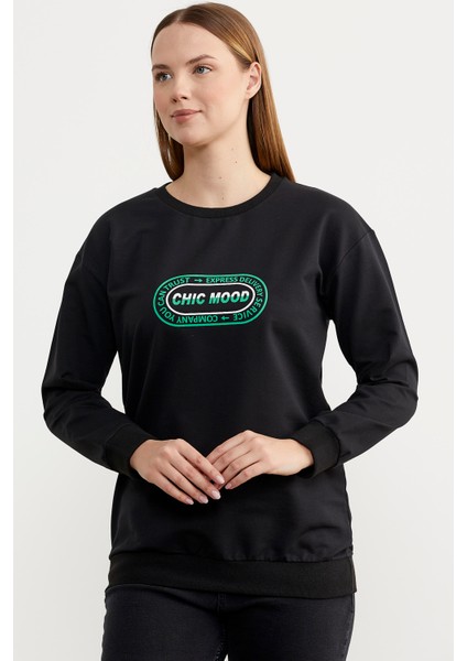 Baskılı Oversize Basic Sweatshirt - Siyah