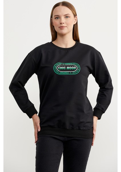 Baskılı Oversize Basic Sweatshirt - Siyah