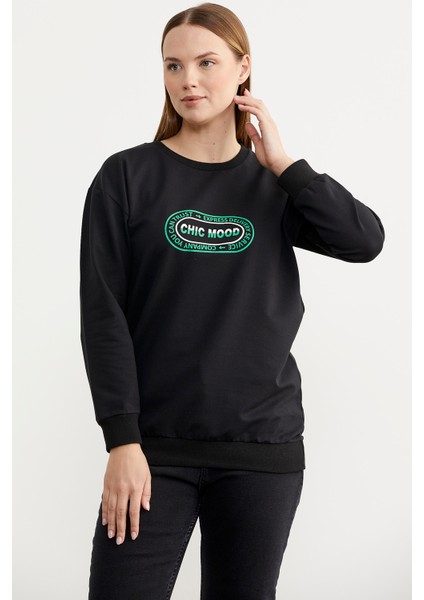Baskılı Oversize Basic Sweatshirt - Siyah