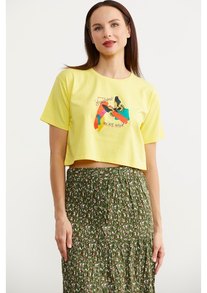 Oversize Baskılı Crop Tişört - Sarı fiyatları