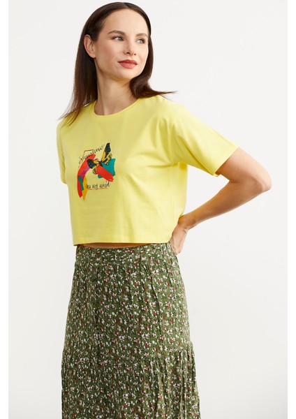 Oversize Baskılı Crop Tişört - Sarı fırsatları