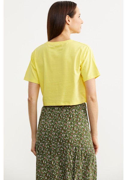 Oversize Baskılı Crop Tişört - Sarı indirimleri