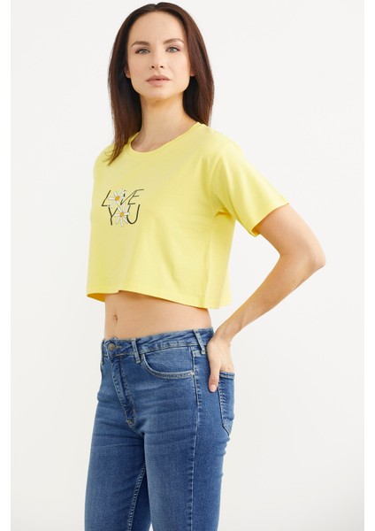 Oversize Baskılı Crop T-Shirt - Sarı fırsatları