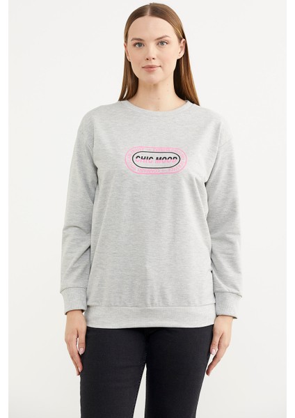 Baskılı Oversize Basic Sweatshirt - Gri