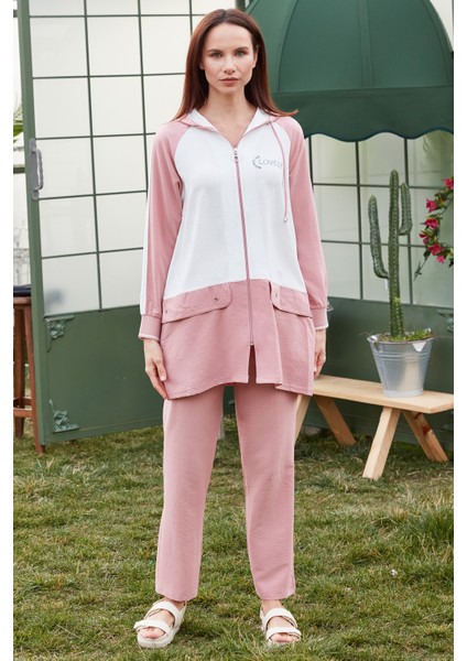 Fermuarlı Tunik Krep Takım - Pembe