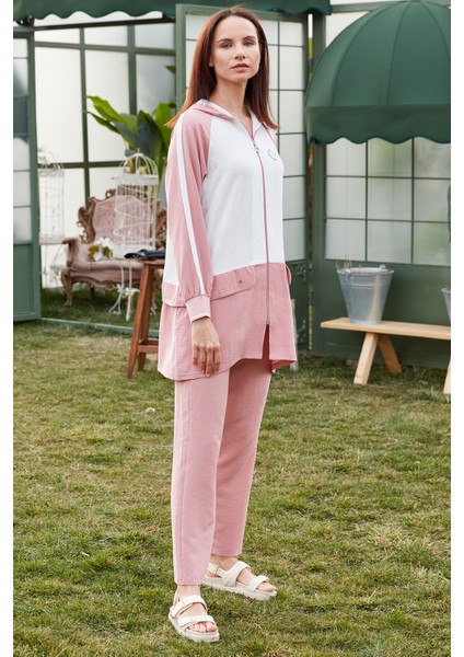 Fermuarlı Tunik Krep Takım - Pembe