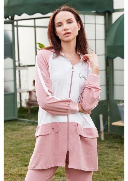 Fermuarlı Tunik Krep Takım - Pembe