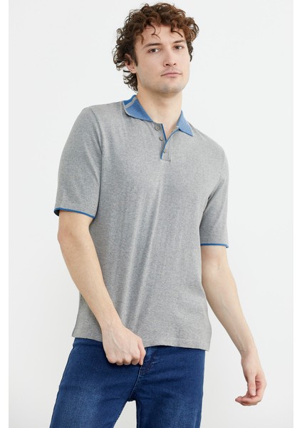 Pamuk Polo Yaka Kısa Kol Triko T-Shirt - Gri