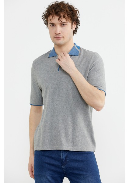 Pamuk Polo Yaka Kısa Kol Triko T-Shirt - Gri fırsatları