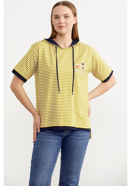 Kapüşonlu Renk Kombinli Çizgili T-Shirt - Hardal fiyatları