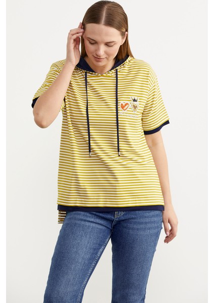 Kapüşonlu Renk Kombinli Çizgili T-Shirt - Hardal modelleri