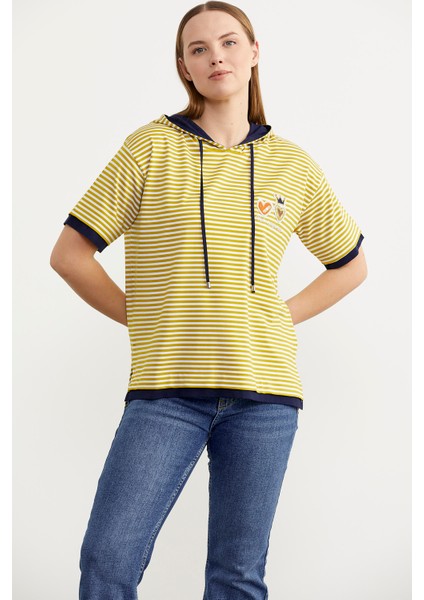 Kapüşonlu Renk Kombinli Çizgili T-Shirt - Hardal fırsatları