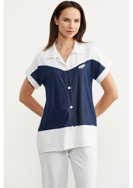 Denim Görünümlü Çift Renk Takım - Ekru modelleri