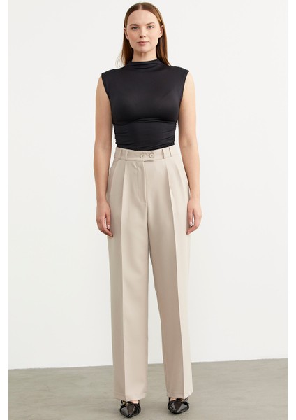 Yüksek Bel Pileli Palazzo Pantolon - Taş