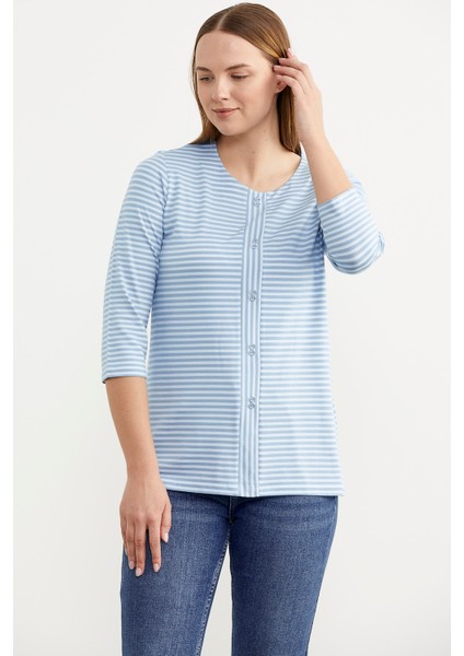 Çizgili Uzun Kol Patlı T-Shirt - Mavi modelleri