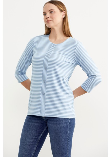Çizgili Uzun Kol Patlı T-Shirt - Mavi fırsatları