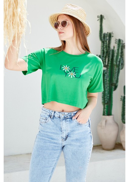 Oversize Baskılı Crop T-Shirt - Yeşil fiyatları