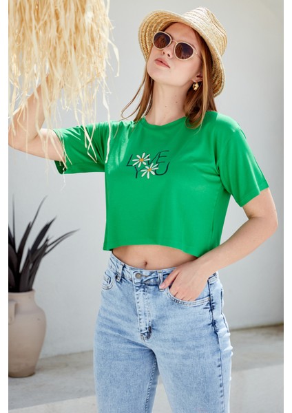 Oversize Baskılı Crop T-Shirt - Yeşil modelleri