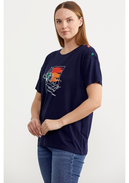 Omuz Düğme Detaylı Baskılı T-Shirt - Lacivert