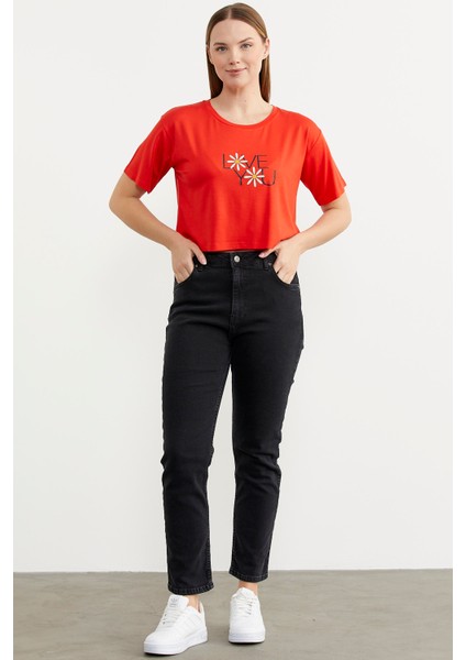 Oversize Baskılı Crop T-Shirt - Mercan modelleri