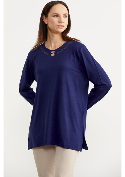 Nakış Yakalı Uzun Kol Penye T-Shirt - Indigo fiyatları