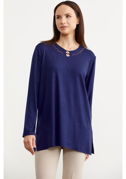 Nakış Yakalı Uzun Kol Penye T-Shirt - Indigo modelleri