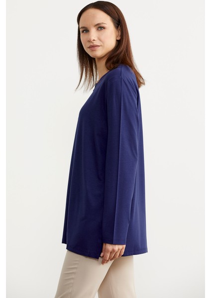 Nakış Yakalı Uzun Kol Penye T-Shirt - Indigo indirimleri