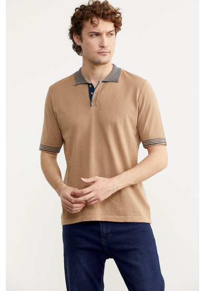 Polo Yaka Kısa Kol Triko T-Shirt - Kamel fiyatları