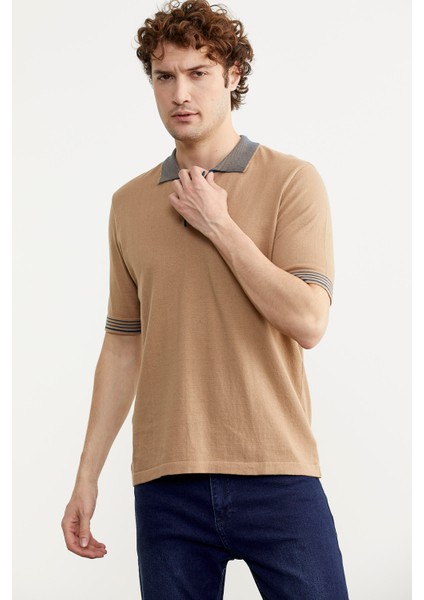 Polo Yaka Kısa Kol Triko T-Shirt - Kamel modelleri