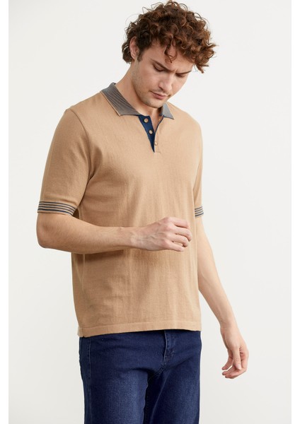 Polo Yaka Kısa Kol Triko T-Shirt - Kamel fırsatları