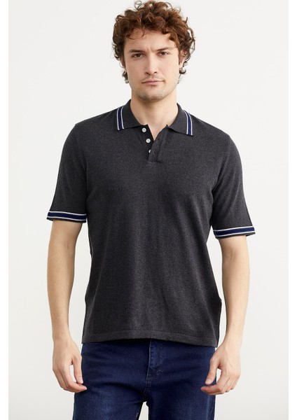 Polo Yaka Kısa Kol Pamuk Triko T-Shirt - Antrasit