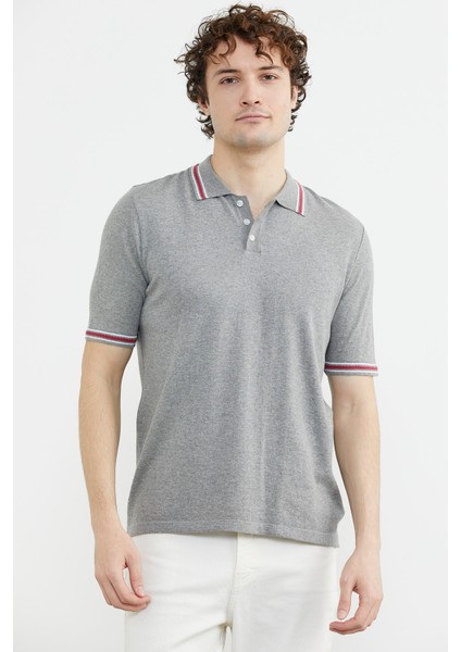 Polo Yaka Kısa Kol Pamuk Triko T-Shirt - Gri