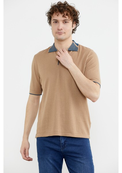 Pamuk Polo Yaka Kısa Kol Triko T-Shirt - Kamel modelleri