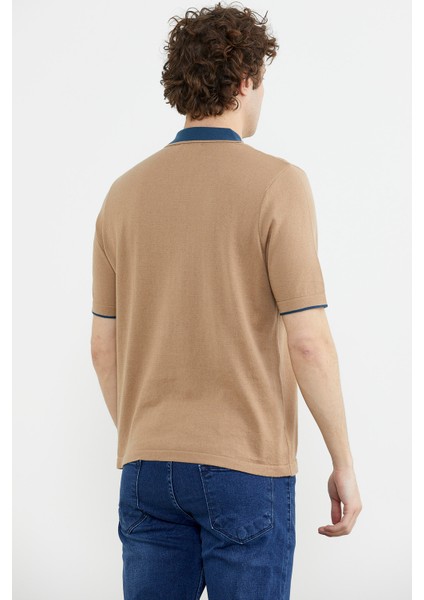 Pamuk Polo Yaka Kısa Kol Triko T-Shirt - Kamel indirimleri