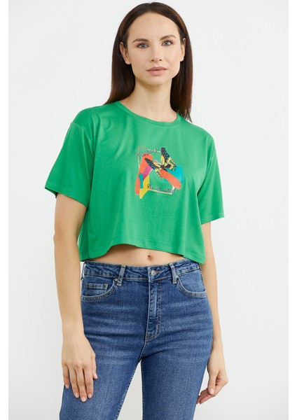 Oversize Baskılı Crop T-Shirt - Yeşil